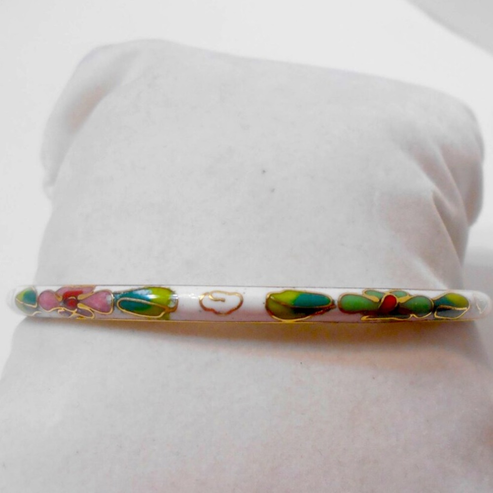 Vintage White Cloisonne Enamel Bangle Bracelet Flowers women’s Jewelry 827